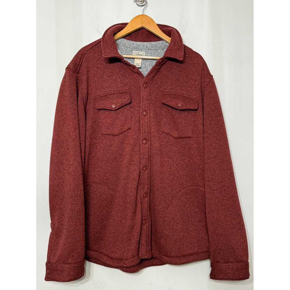 LL Bean Sweater Fleece Shirt Jacket Mens XL Red Marl Snap Front 500549